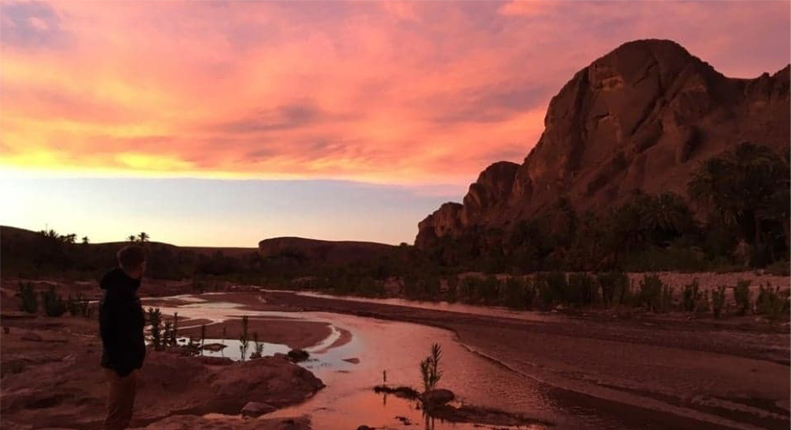 Illustration Sejour Totale Immersion : Photo d'un coucher de soleil dans l'oasis marocain, le ciel devient rose..